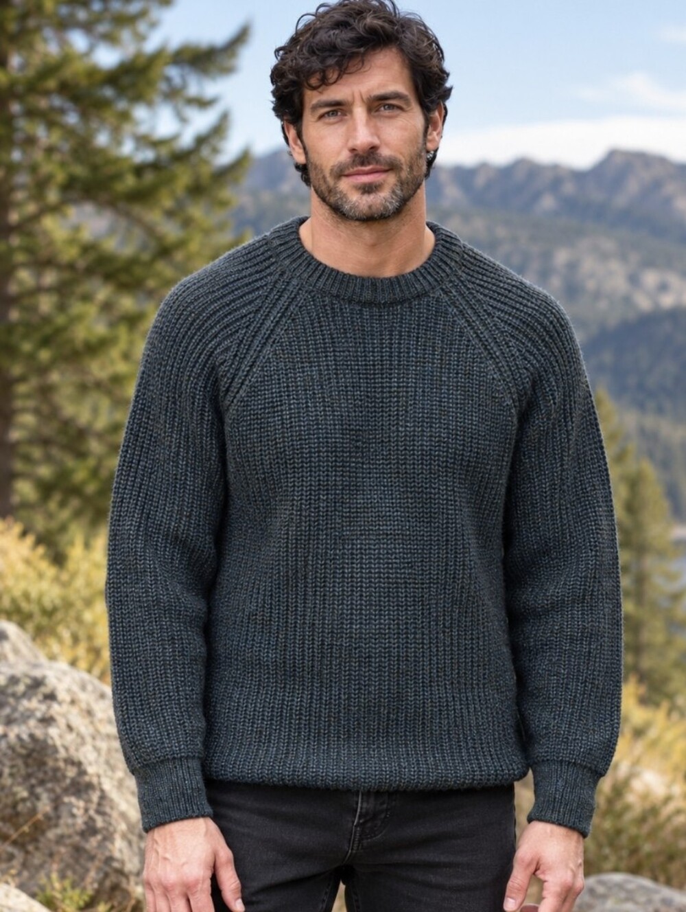 Aran Crafts 100% Wool Irish Fisherman Ribbed Sweater Knit Raglan Teal Men's Sz S